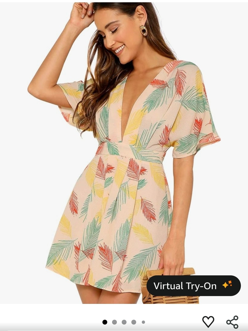 Plunge V-Neck Tropical Leaf Print Mini Dress - Peach